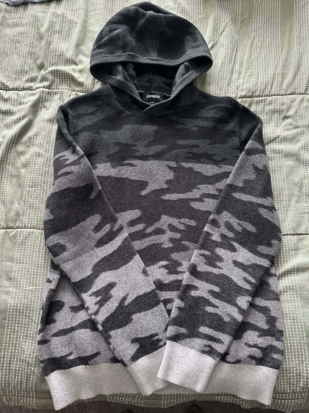 Express Men's Black and Gray Camo Hooded Sweater